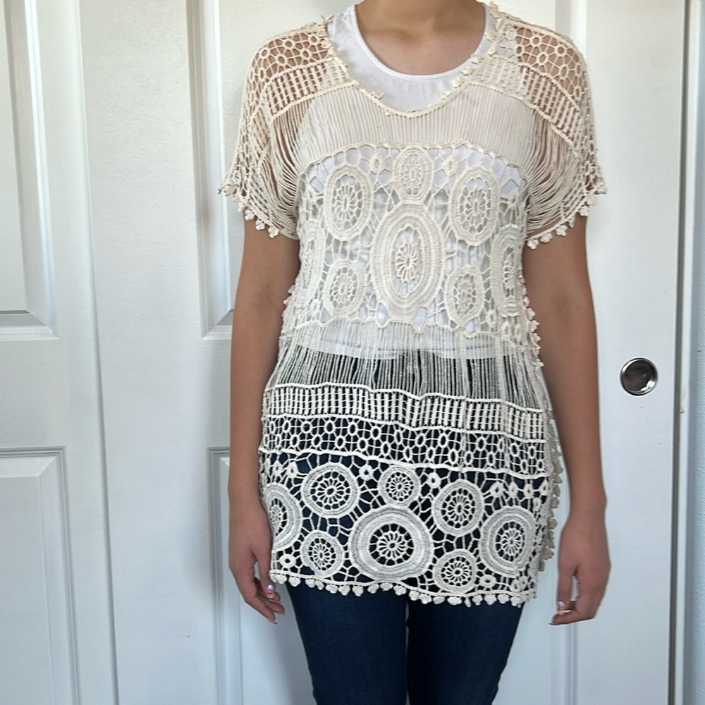 🤍 2/$25 sale 🤍 LIVE HAPPY ecru sheer crochet knit top mini dress M L